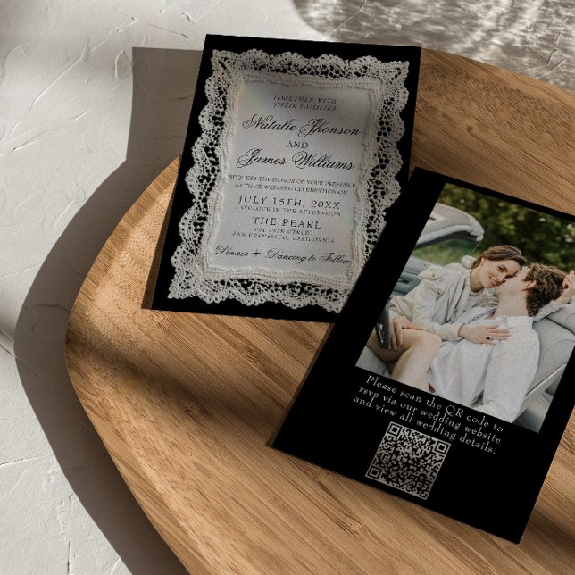 Black And White Lace Doily Photo QR Code Wedding Invitation (Creator Uploaded)