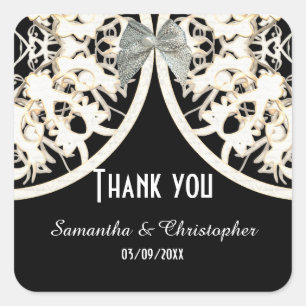 Black and white lace filigree pattern thank you square sticker