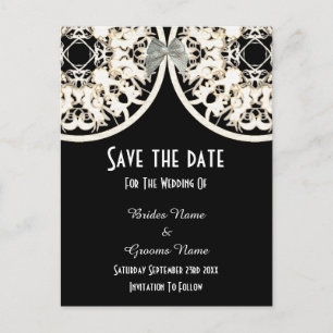 Black and white lace filigree  save the date announcement postcard