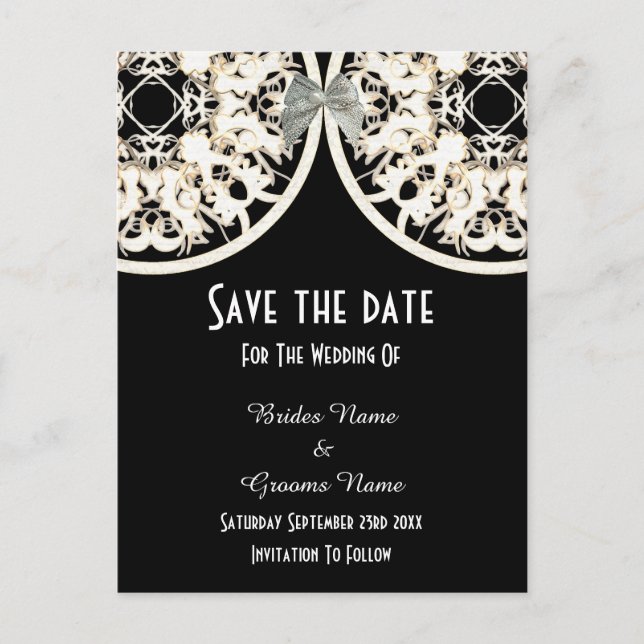 Black and white lace filigree  save the date announcement postcard (Front)
