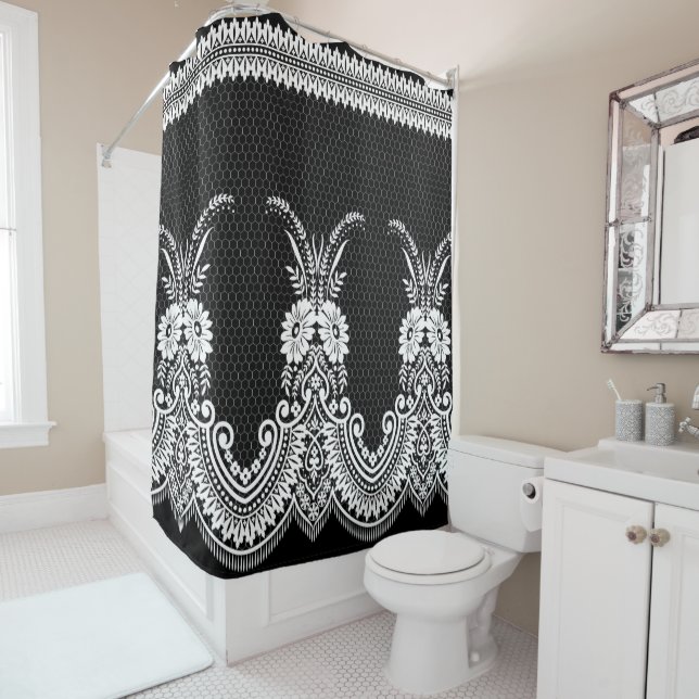 Black And White Lace Ornaments 1_GC Shower Curtain (In Situ)