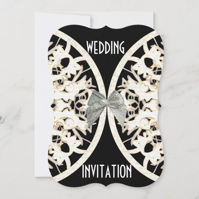 Black and white lace paper cut damask wedding invitation (Front)