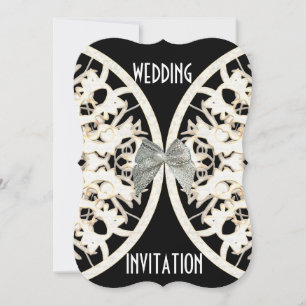 Black and white lace paper cut damask wedding invitation