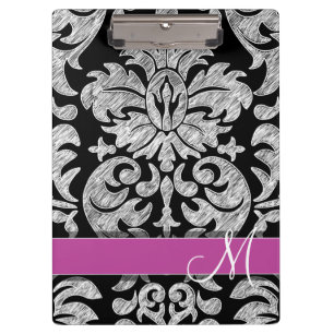 Black and White Lace Pattern Custom Monogram Clipboard