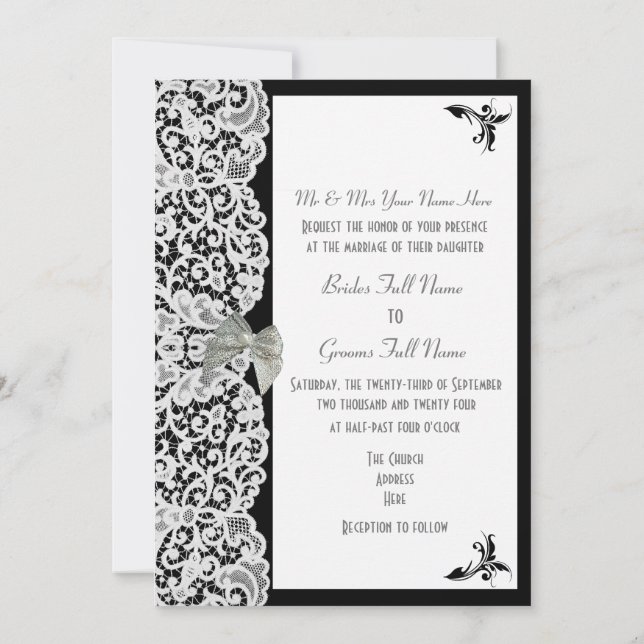 Black and white lace  traditional wedding invitation (Back)