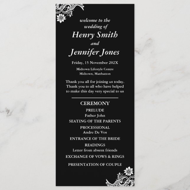 Black and White Lace Wedding Program Programme (Front)