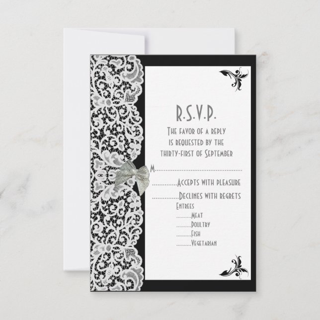 Black and white lace wedding R.S.V.P RSVP Card (Front)