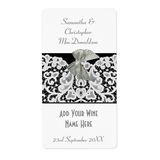 Black and white lace wedding wine bottle (Front)