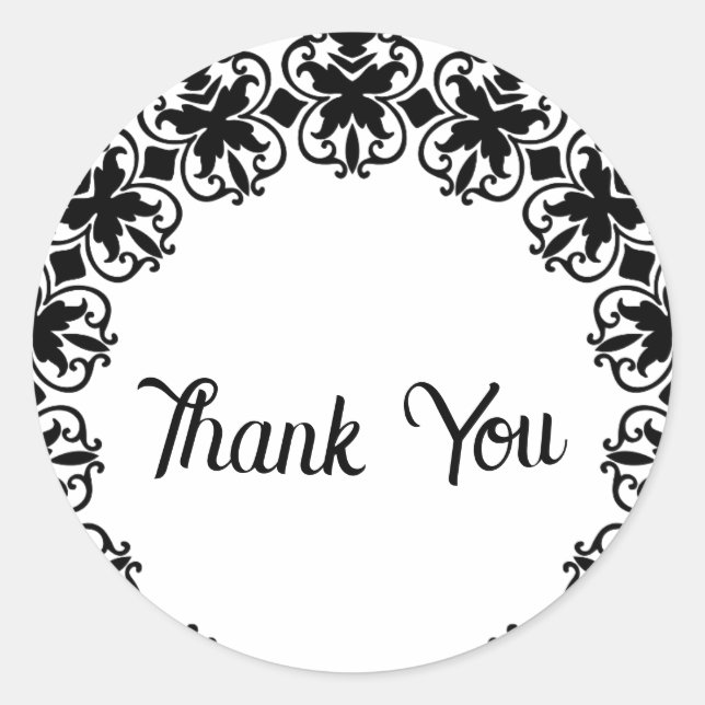 Black and White Lacey Thank You Classic Round Sticker (Front)
