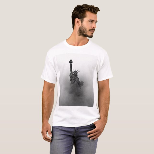 Black and White Lady Liberty shrouded in fog T-Shirt (Front Full)