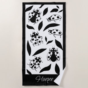 Black and White Ladybugs Personalised Beach Towel