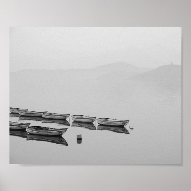 Black and White Lake with Boats Poster (Front)