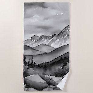 Black and white landscape painting of mountains beach towel