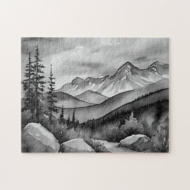 Black and white landscape painting of mountains jigsaw puzzle (Horizontal)