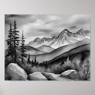 Black and white landscape painting of mountains  poster