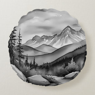 Black and white landscape painting of mountains round cushion