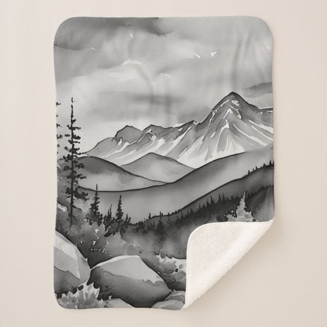 Black and white landscape painting of mountains sherpa blanket (Front)