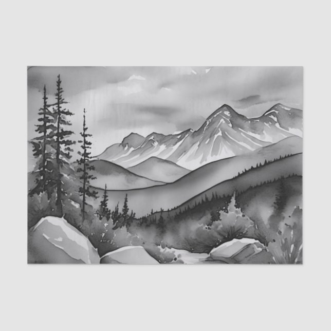 Black and white landscape painting of mountains tissue paper (Front)