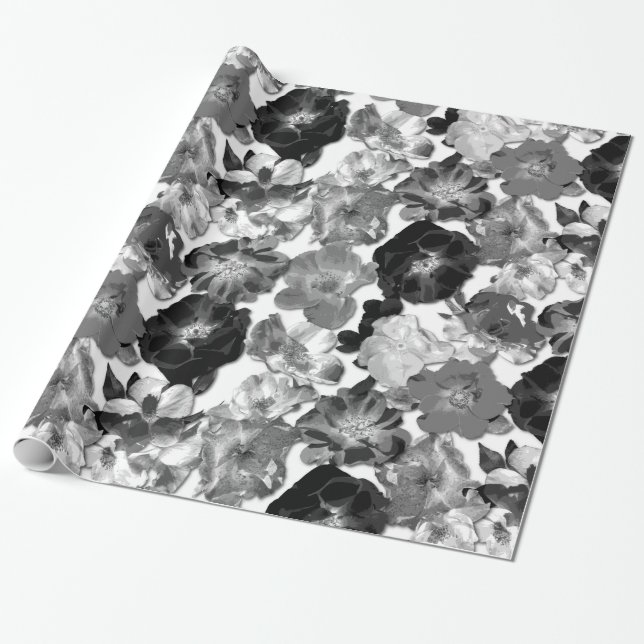 Black and White Large Bloom Roses Wrapping Paper (Unrolled)