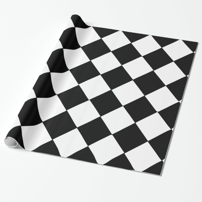 Black and White Large Checkerboard Diamond Pattern Wrapping Paper (Unrolled)