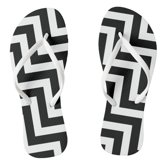 Black and White Large Diagonal Chevron Stripes Flip Flops (Footbed)