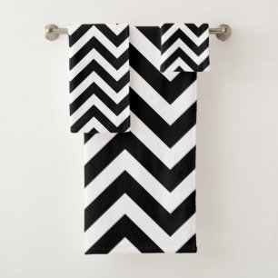 Black and White Large Horizontal Chevron Stripes Bath Towel Set