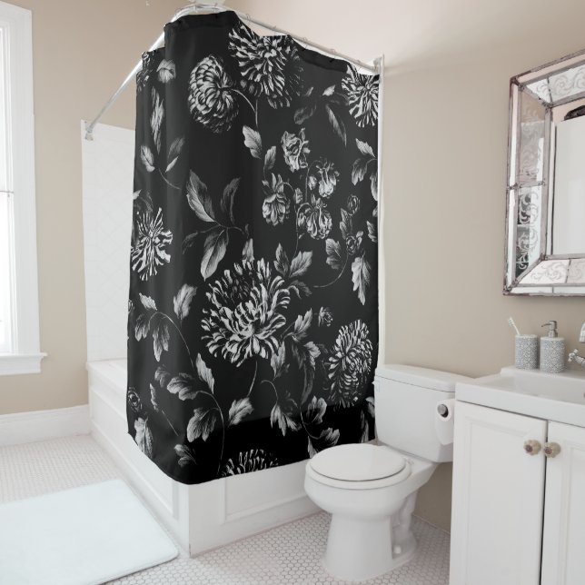 Black And White Large Modern Floral Toile Shower Curtain (In Situ)