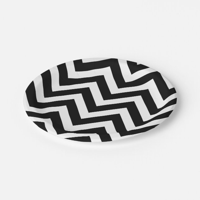 Black and White Large Size Chevron Stripes Paper Plate (Angled)