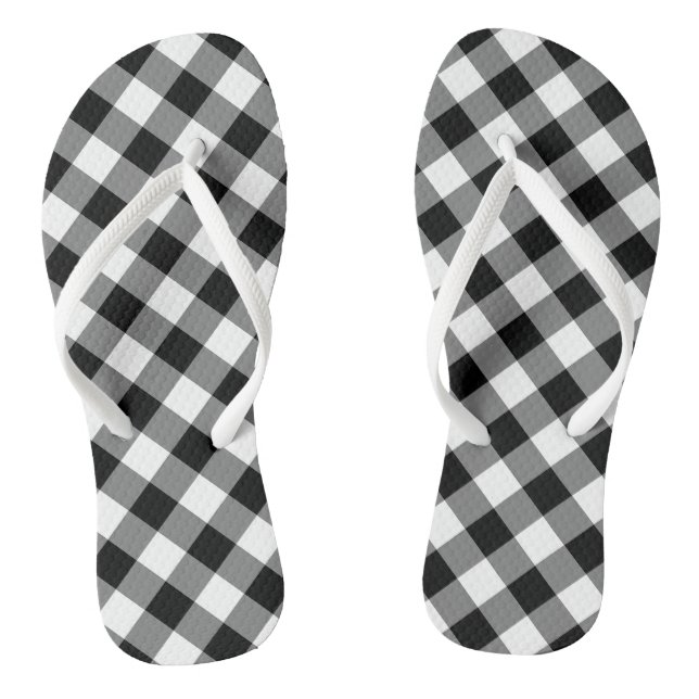 Black and White Large Size Diagonal Gingham Checks Flip Flops (Footbed)