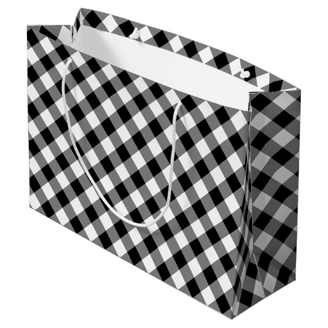 Black and White Large Size Diagonal Gingham Checks Large Gift Bag (Back Angled)