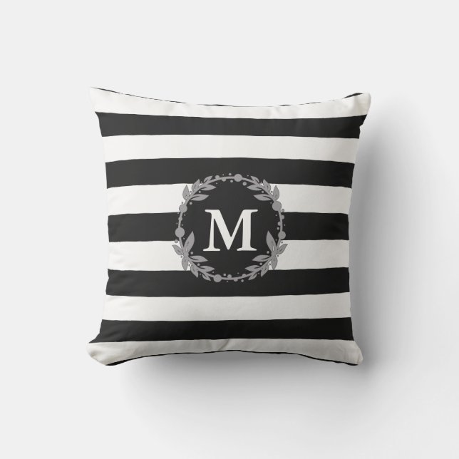 Black and White large Stripe  Monogrammed Pillow (Front)