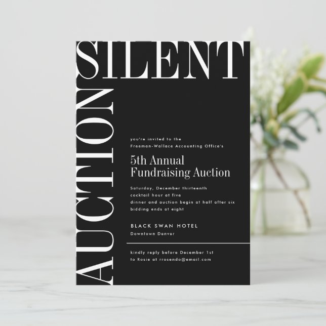 Black and White Large Text Silent Auction Invitati Invitation (Standing Front)