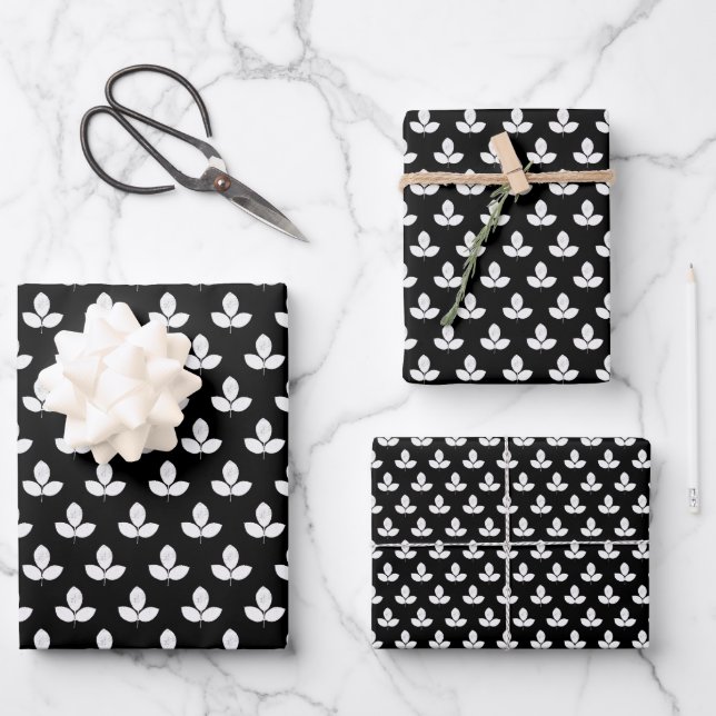 Black And White Laurel Leaf Wrapping Paper Sheet (Front)
