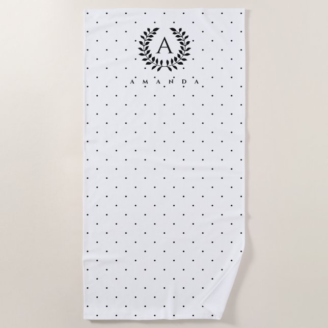 Black And White Laurel Monogram Polka Dot Pattern Beach Towel (Front)
