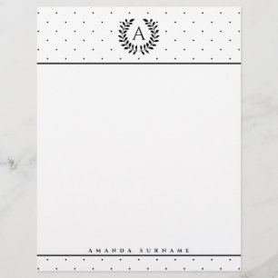 Black And White Laurel Monogram Polka Dot Pattern Custom Letterhead