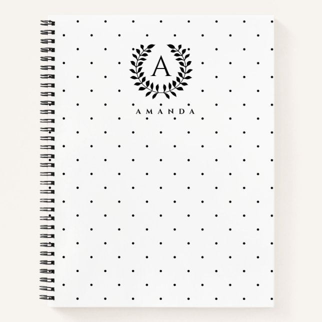 Black And White Laurel Monogram Polka Dot Pattern Notebook (Front)