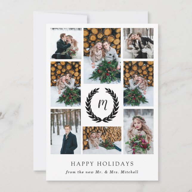 Black and White Laurel Wreath Photo Grid Christmas Holiday Card (Front)