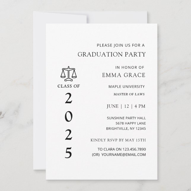 Black and White Law School Graduation Party Invitation (Front)