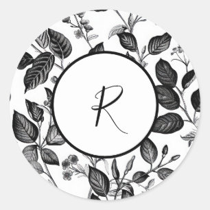 Black and white leaf design classic round sticker