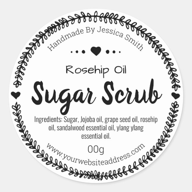 Black And White Leaf Handmade Sugar Scrub Labels (Front)