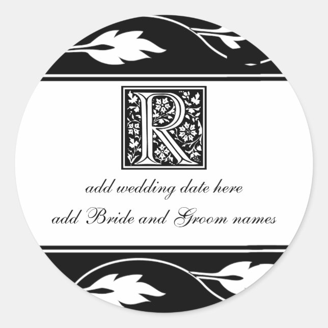 Black And White Leaf Monogram R Classic Round Sticker (Front)