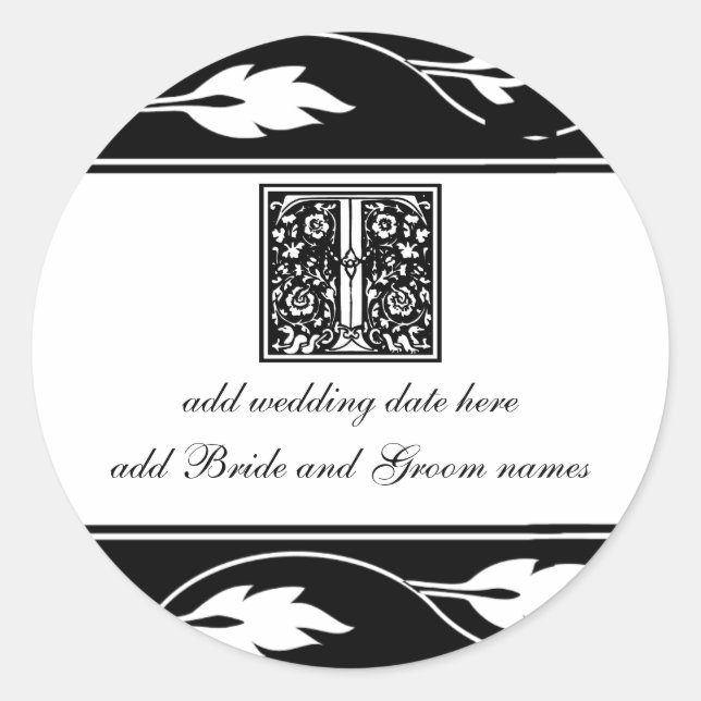 Black And White Leaf Monogram T Classic Round Sticker (Front)