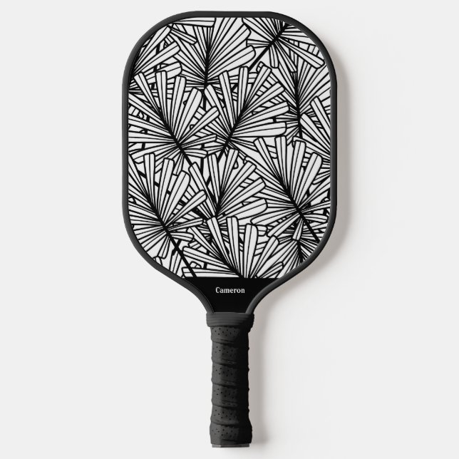 Black and White Leaf Pattern Modern Monogram Pickleball Paddle (Front)