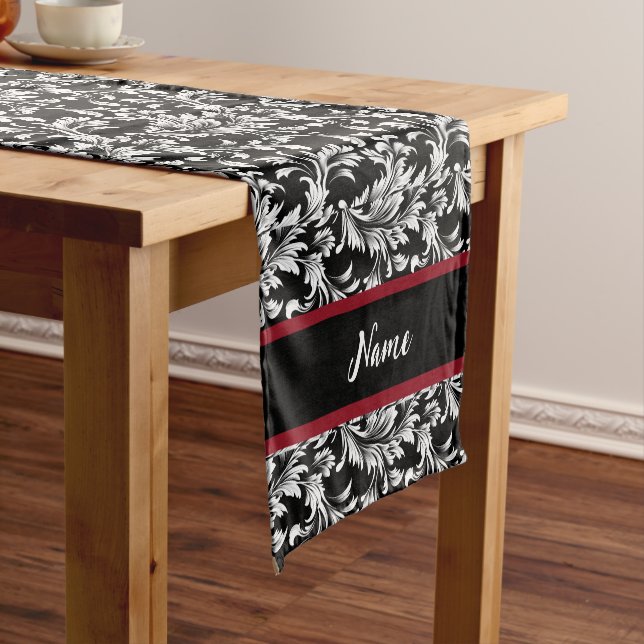 Black and white leaf pattern short table runner (In Situ)