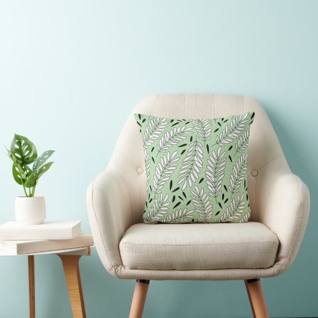 Black and white leaf pattern with sage background cushion (Chair)