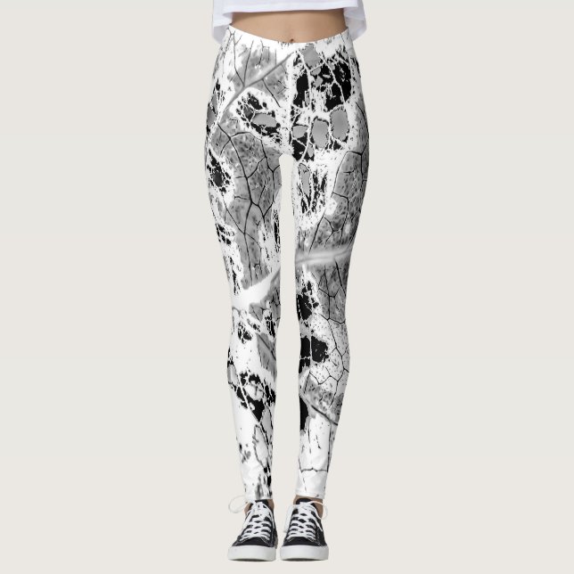 Black and White Leaf Print Leggings by JP Choate (Front)