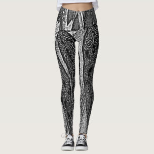 black and white leaf shapes contempory design leggings
