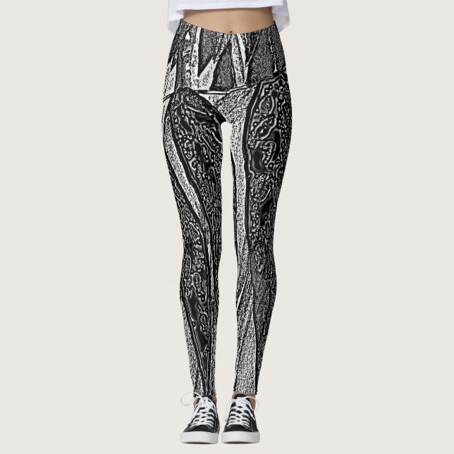 black and white leaf shapes contempory design leggings (Front)