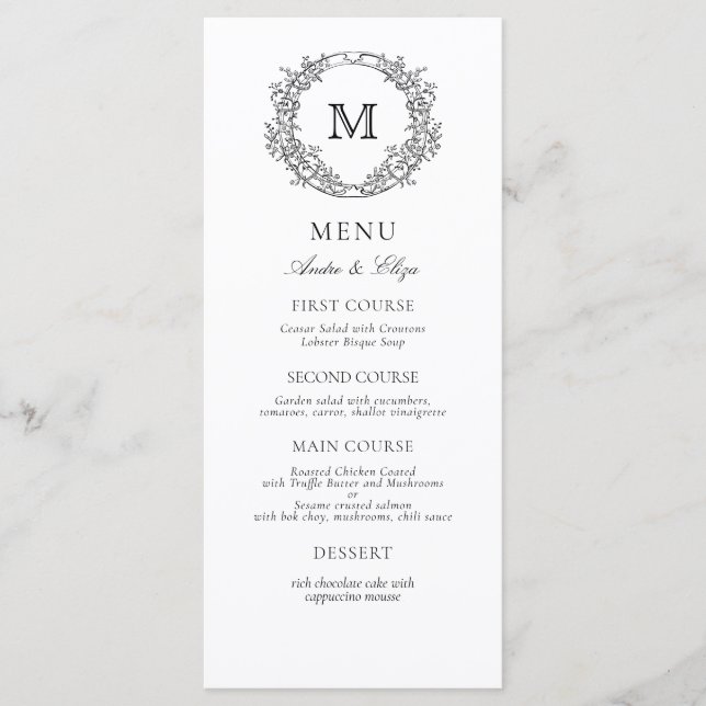 Black and White Leafy Crest Monogram Wedding Menu (Front)
