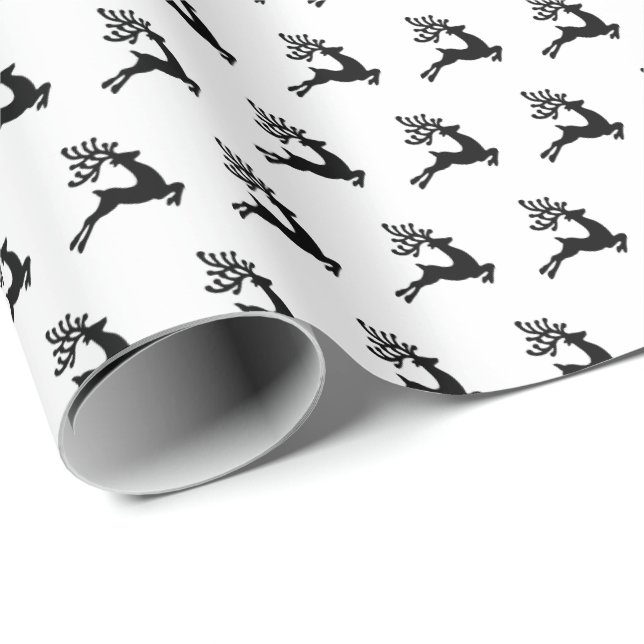 Black and White Leaping Reindeer Pattern Wrapping Paper (Roll Corner)